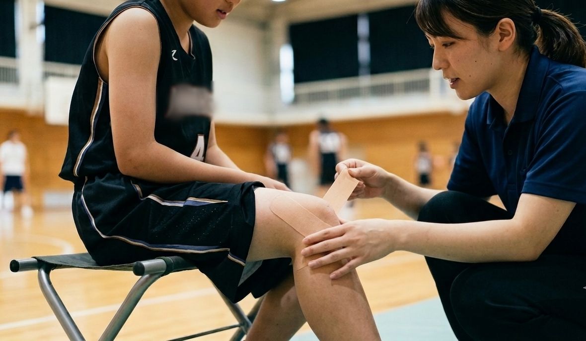 スポーツ現場でテーピングを行うトレーナー